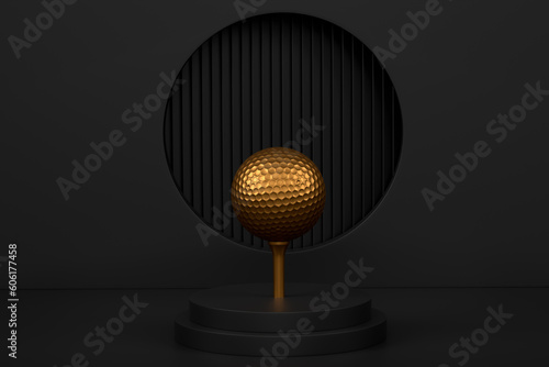 Golf ball on cylinder podium with steps on monochrome background