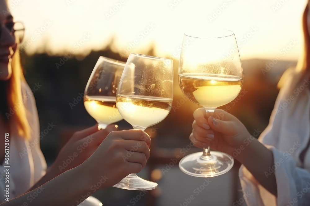 A group of girlfriends raise a toast with glasses of white wine