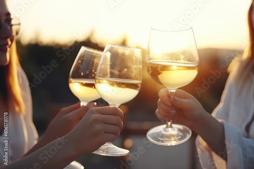 A group of girlfriends raise a toast with glasses of white wine