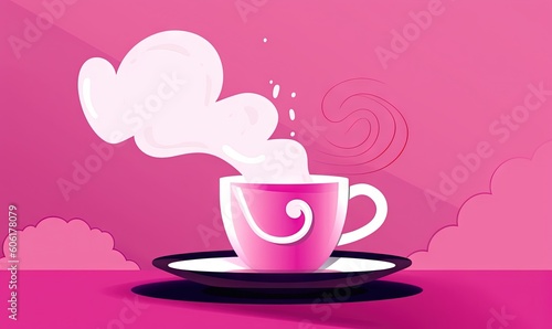  a cup of coffee with steam coming out of it on a saucer on a pink background with clouds in the sky and a pink background.  generative ai