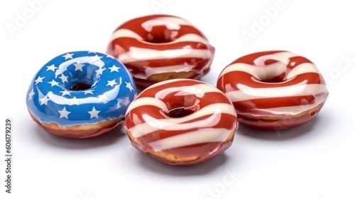 assortment of donuts with icing with american flag pattern on icing on white background. donut day in USA. Generative AI