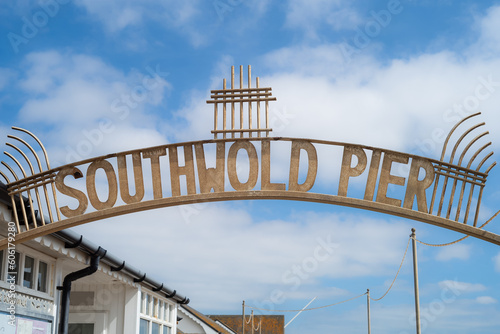 The sign over the entrance to Southwold Pier, Suffolk, uk