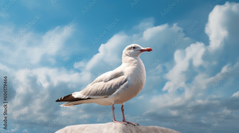 Obraz premium Portrait of a seagull on the seashore. Close view of a white seagull bird sitting on the beach. Wild seagull with natural blue background. Generative AI 