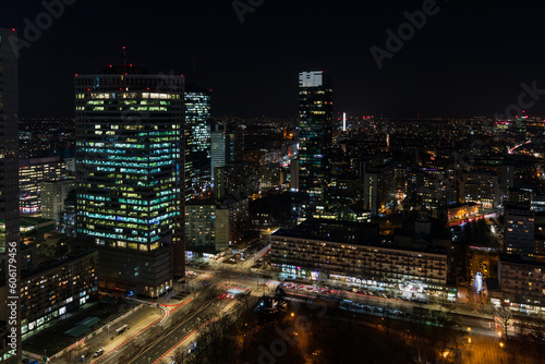 Warsaw center at night skyline with skyscrapers and lights