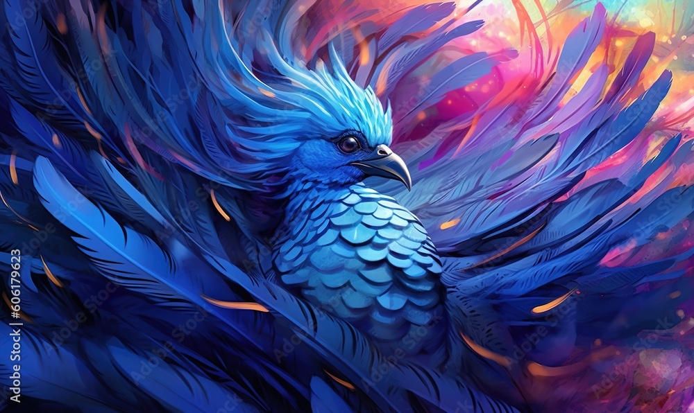 Obraz premium a blue bird with feathers on its back and wings spread out, with bright colors in the background, and a blue bird with a blue beak. generative ai