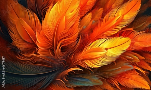  a close up of a bunch of orange and yellow feathers on a black background with space for text or image to be used as a background.  generative ai photo