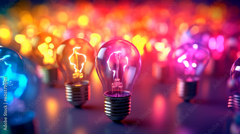 a colorful glowing idea bulb lamp, visualization of brainstorming, bright idea and creative thinking. Generative AI a colorful glowing idea bulb lamp, visualization of brainstorming, bright idea and creative thinking. Generative AI