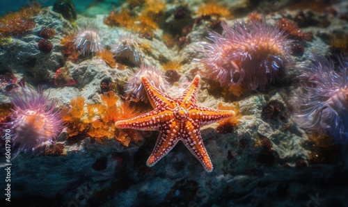  a starfish on a coral reef with sea anemones in the foreground and a sea anemone in the foreground.  generative ai