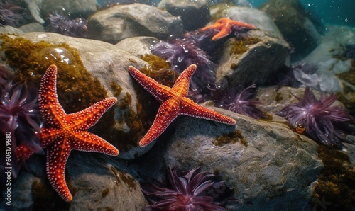  two starfishs are sitting on a rock in the water next to some sea anemones and other seaweed in the water.  generative ai