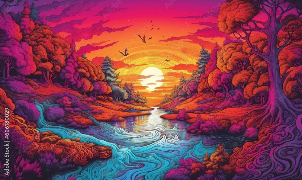  a painting of a river with trees and a sunset in the background with birds flying over the water and a bird flying over the river.  generative ai