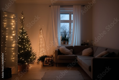 Christmas atmosphere at home with a light chain and Christmas tree. AI © Kateryna