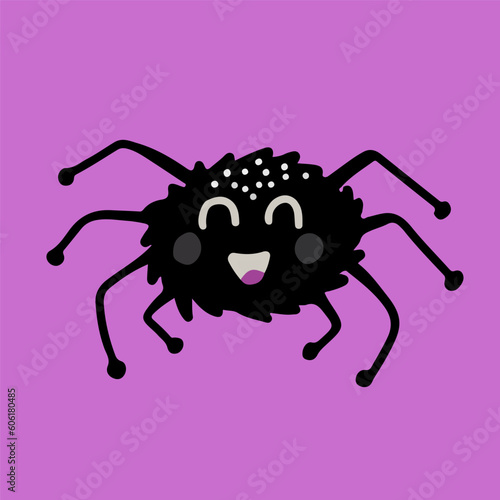 Vector isolated black cute shaggy spider illustration on purple background