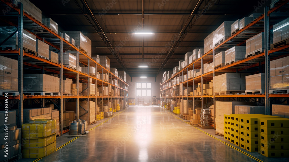 A large clean warehouse with shelves, cardboard boxes and products. Generative AI A large clean warehouse with shelves, cardboard boxes and products. Generative AI