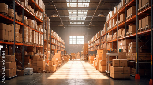 A large clean warehouse with shelves, cardboard boxes and products. Generative AI © Aram