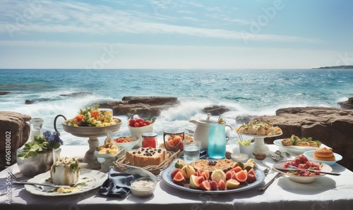  a table with a lot of food on it near the water and a cliff with a body of water in the background and a blue sky. generative ai