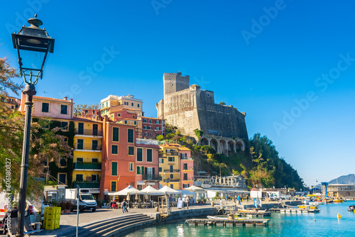 Obraz na płótnie Lerici, Italy, 13 April 2022: View of the seaside colorful town of Lerici in Liguria w salonie