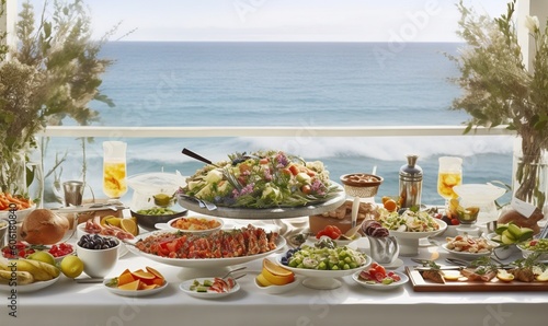  a table full of food with a view of the ocean in the background and a glass of orange juice in the foreground, and a plate of fruit and salad on the. generative ai