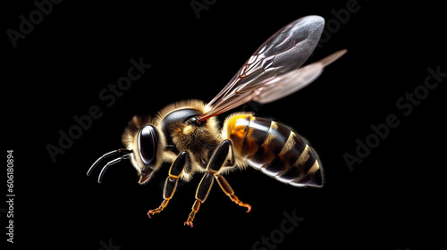 a stunning bee is flying, isolated on transparent background, macro, incredible pollinator. Generative AI © Aram