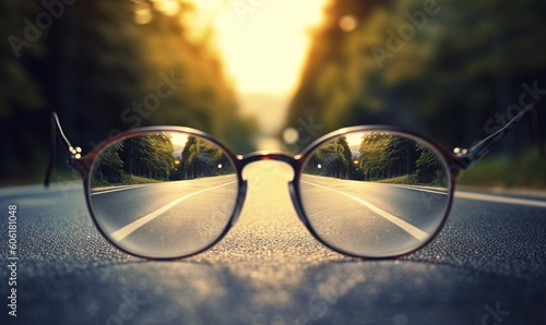  a pair of glasses sitting on the side of a road with trees in the background and the sun shining through the lens of the glasses. generative ai
