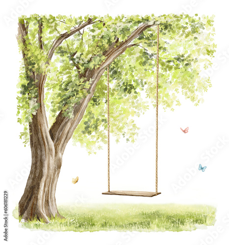 Watercolor vintage summer composition with green landscape with tree, rope swing and grass with vegetation isolated on white background. Hand drawn illustration sketch