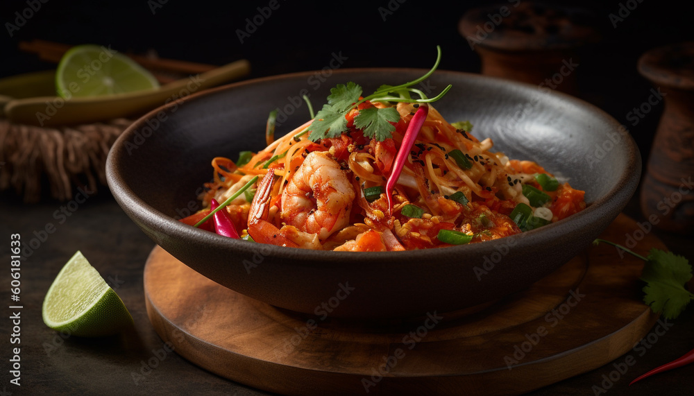 Gourmet seafood meal with prawn and vegetables generated by AI Gourmet seafood meal with prawn and vegetables generated by AI