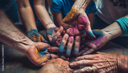 Hands holding wet paint, creating colorful pottery generated by AI