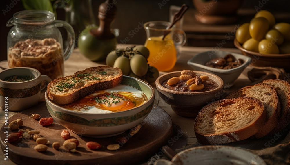 Rustic table, homemade bread, organic fruit bowl generated by AI Rustic table, homemade bread, organic fruit bowl generated by AI