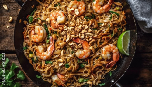 Fresh seafood stir fried with linguini and vegetables generated by AI