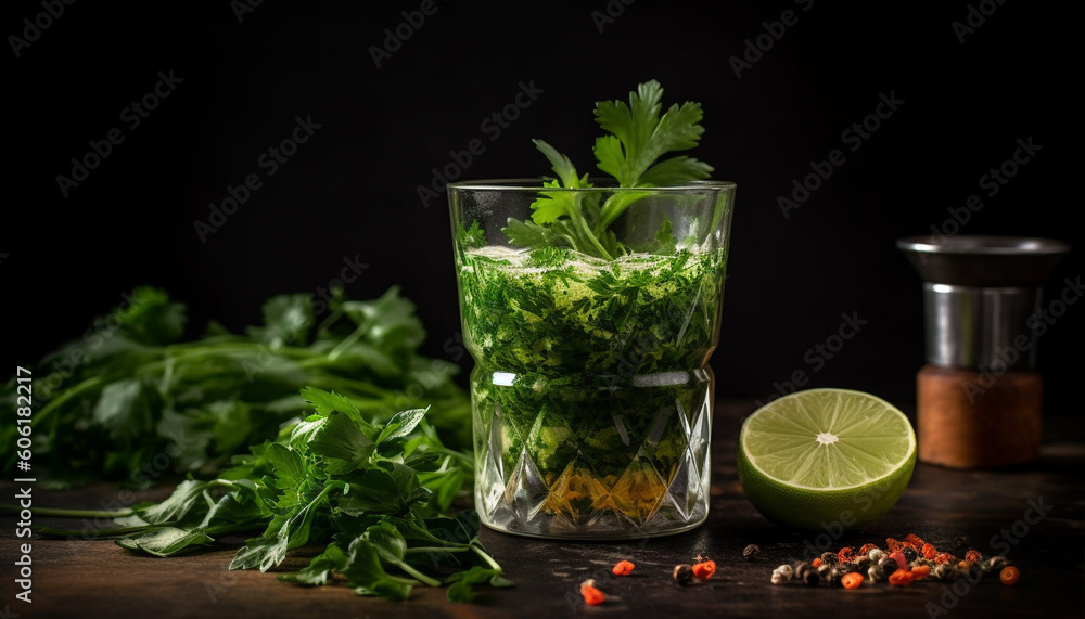 Organic mojito garnished with fresh green herbs generated by AI Organic mojito garnished with fresh green herbs generated by AI