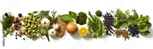 Linear Arrangement of Fresh Mediterranean Italian Herbs and Spices, Top View, Isolated, White Background, Cooking Concept, Commercial Imagery, Generative Ai, Generative, Ki