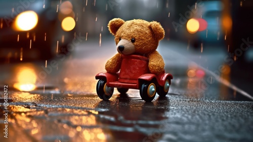 a small plush bear on a wet slippery road after rain against the background of car headlights. danger on the road.car accident. life and health insurance concept. Generative AI photo