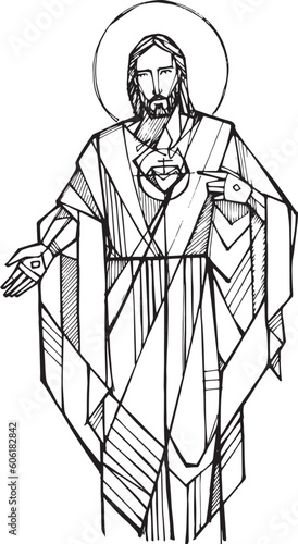 Hand drawn illustration of sacred heart in Jesus.