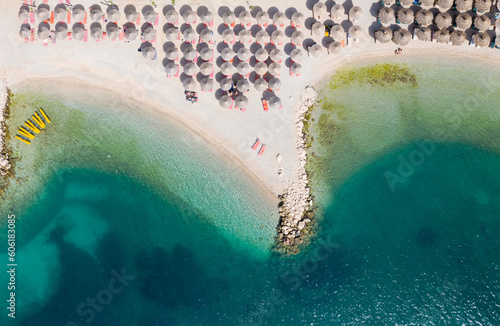 Ksamil beaches. Four islands. The bay. The Tetran Archipelago. Ksamil. Albania. Drone shooting. Aerial photography