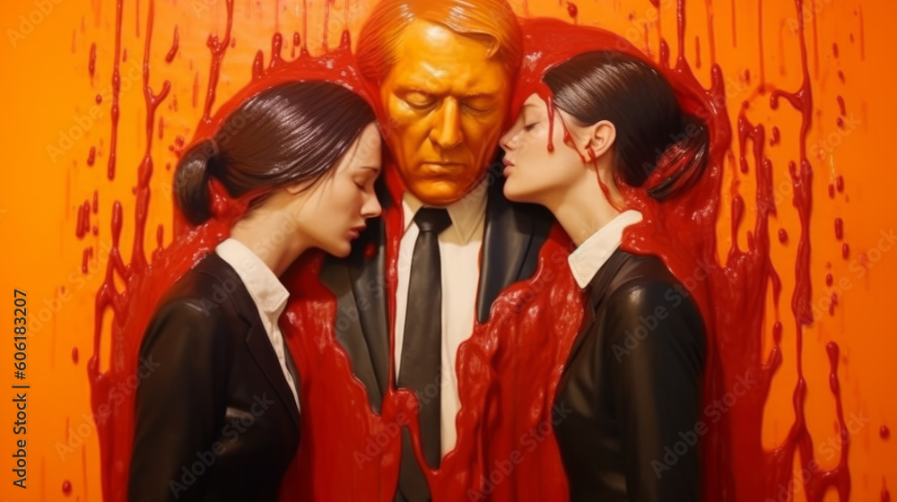 Portrait of a man covered in red paint, family problems, domestic terror, sad mood and depression. Created in AI.
