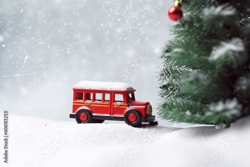Christmas invitation card background; Christmas tree on toy car with tracks in the snow. AI