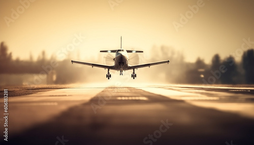 Commercial airplane taking off at dusk, propeller spinning generated by AI