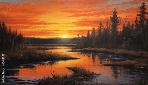 an oil painting of an orange sunset over a river Generative Ai