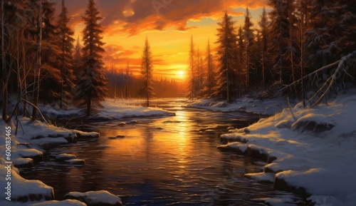 an oil painting of an orange sunset over a river Generative Ai