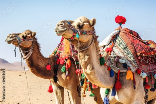 Camels with traditional dresses, close up. Camels, Camelus dromedarius, are desert animals who carry tourists on their backs. AI