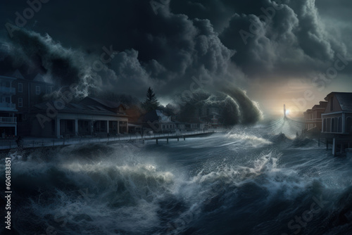 A tsunami hit a seaside town. Apocalyptic dramatic background  giant tsunami waves  dark stormy sky  Tornado. Huge waves Tsunami Big waves. digital art. AI
