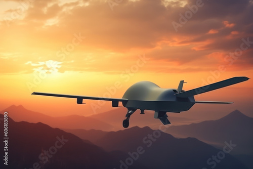 Unmanned military drone on patrol air territory at high altitude at sunset. UAV drone. AI