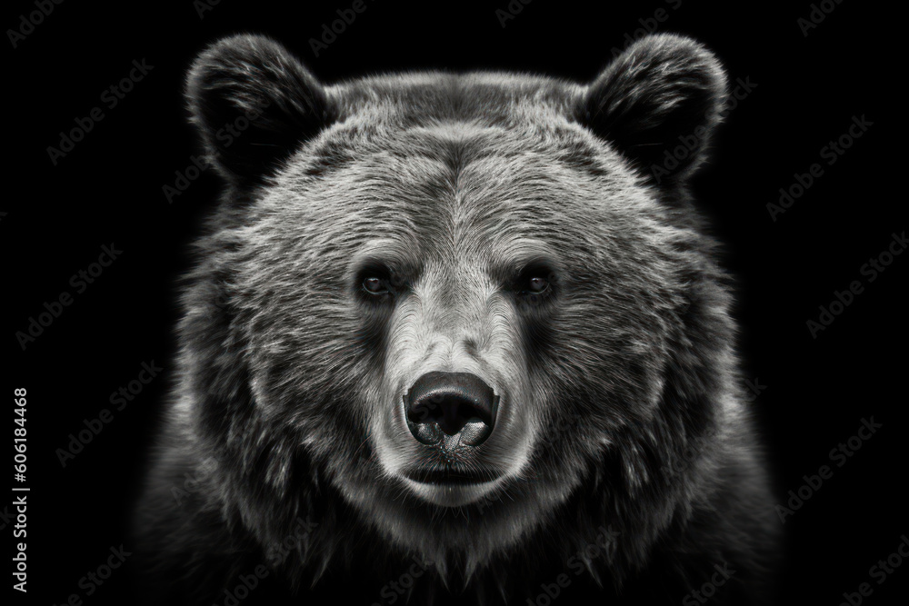 Front view of brown bear isolated on black background. Black and white portrait of Kamchatka bear. Predator series. AI