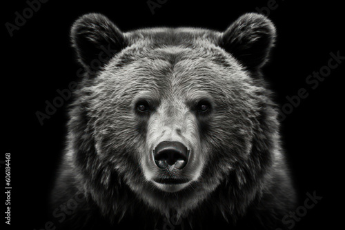 Front view of brown bear isolated on black background. Black and white portrait of Kamchatka bear. Predator series. AI