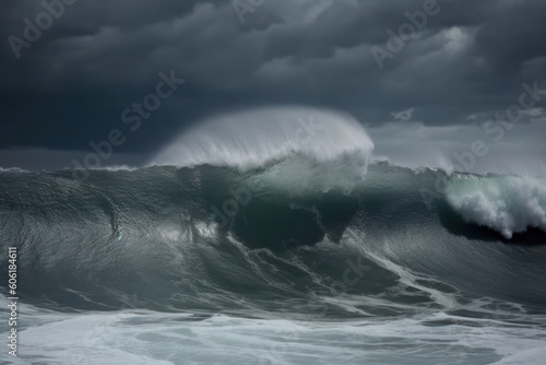 Giant tsunami waves, dark stormy sky. Perfect Storm. Huge waves Tsunami Big waves. AI © Kateryna