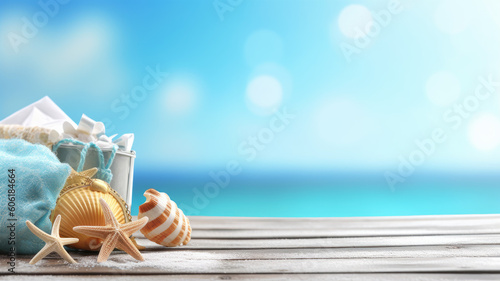 Summer side border of sand, sea shells and star fish on blue wooden background