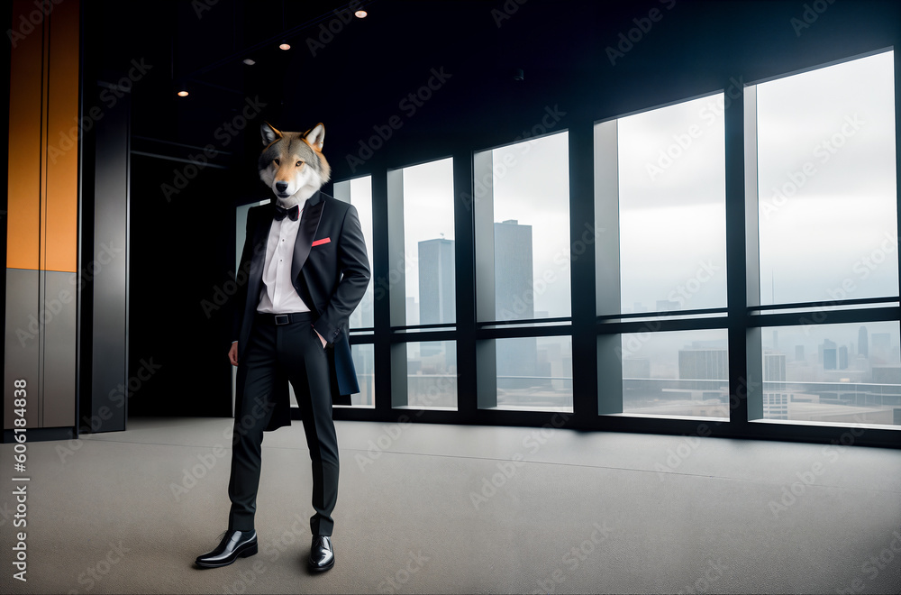 A wolf dressed in a business suit on a man's body indoors. Concept of successful confident businessman. Generative AI. A wolf dressed in a business suit on a man's body indoors. Concept of successful confident businessman. Generative AI.