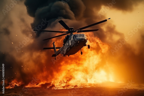 Air Crash. Burning falling helicopter. War concept. Military scene of flying helicopter fire background effect. AI