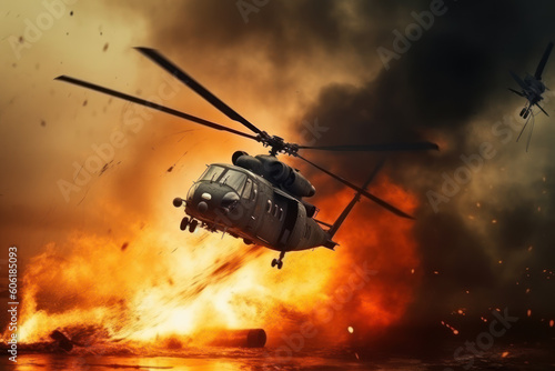 Air Crash. Burning falling helicopter. War concept. Military scene of flying helicopter fire background effect. AI