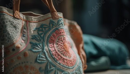 Handmade leather bag showcases intricate embroidery pattern generated by AI