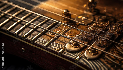 Antique acoustic guitar on wooden table, playing classical generated by AI